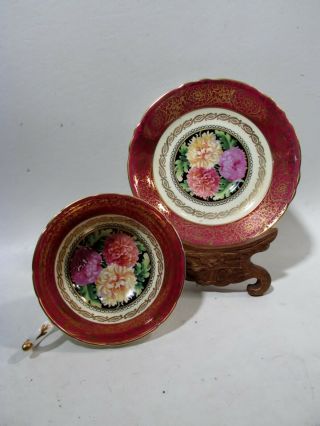 Old Paragon England Chrysanthemums Cup & Saucer Pinkish - Red Gold Scrolls