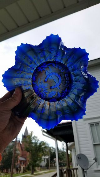 Blue Northwood Carnival Glass Good Luck Bowl Stippled 4