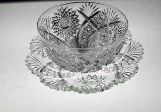 American Brilliant (abp) Cut Glass Crystal Finger Bowl & Underplate By Hawkes 2