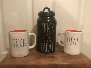 Rae Dunn Trick Or Treat Canister & Two Mugs