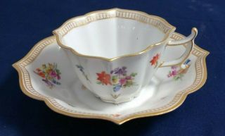 Meissen Polychrome Floral And Insect Quatrefoil Cup & Saucer W Gold Accents