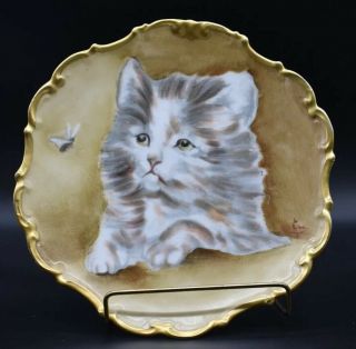 Flambeau Limoges French Signed Eva Cat Playing With Bug 9 3/4 " Portrait Charger