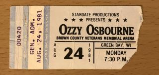 1981 Ozzy Osbourne / Def Leppard Green Bay Wi.  Concert Ticket With Randy Rhoads