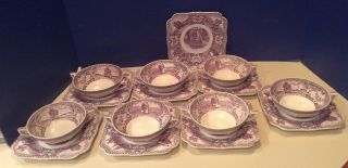 7 Crown Ducal Colonial Times Mulberry Cream Soup Bouillon Bowls Cups W/ Saucers