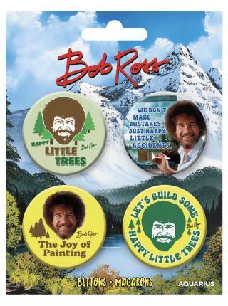Bob Ross: The Joy Of Painting 4 Pack Button Set Happy Trees Lets Get Crazy