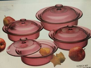 Vintage 1990 Visions By Corning Cranberry 8 Piece Cookware Set Nib