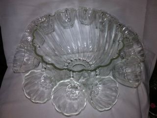 Vintage Hazel Atlas Glass Clr Seashell Colonial Swirl Punch Bowl,  12 Cups Nib