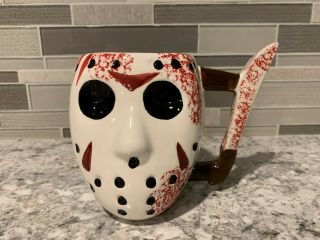 Friday The 13th Jason Halloween Mask With Knife Ceramic Sculpted Mug Cup 20oz.