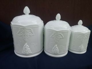 3 Indiana White Milk Glass Colony Harvest Grape Canisters 7 " 8 " 10 "
