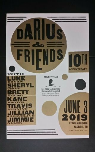 Darius & Friends Ryman 2019 Hatch Show Print Nashville Poster Luke Bryan Crow