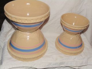 Mccoy Mixing Bowls Blue Pink Stripe Banded Yellow Ware Stoneware Pie Crust Edge