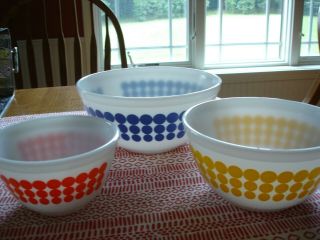 Set Of 3 Pyrex Polka Dot Mixing Bowls,  Blue,  Yellow,  Orange,  401,  402,  403