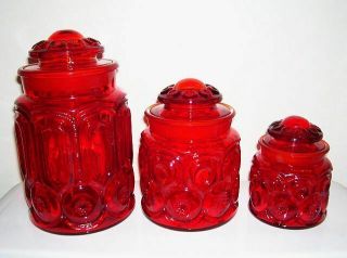 Vintage L.  E.  Smith Moon & Stars Glass Canisters In Rare Red.  Set Of 3