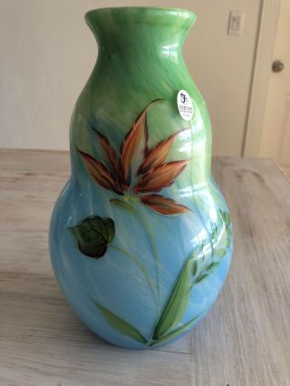 Fenton Hand Painted Floral & Greenery Green.  And Blue Vase