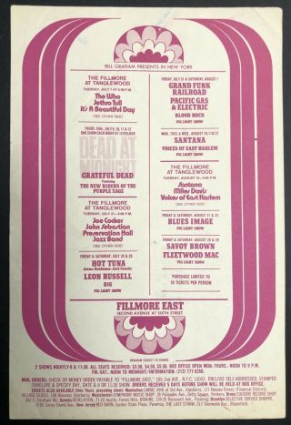 Fillmore East Handbill Grateful Dead Who Riders Grand Funk Santana Tull 1970