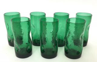 Vintage Blenko Emerald Green Pinched Crackle Glass Tumblers Mid Century Set Of 7