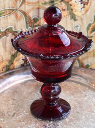 Vintage Ruby Red Glass Storage Lidded Compote Bowl Paden City Glass 555 Cosmos