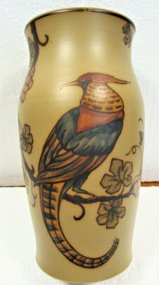 Denmark L.  Hjorth Pottery Vase,  Pheasant Bird W/leaves Berries