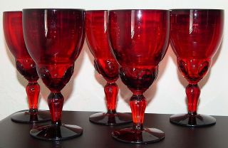 Martinsville Moondrops Ruby Red Tall Water 6 1/2 " Stem - Set Of Five (5)