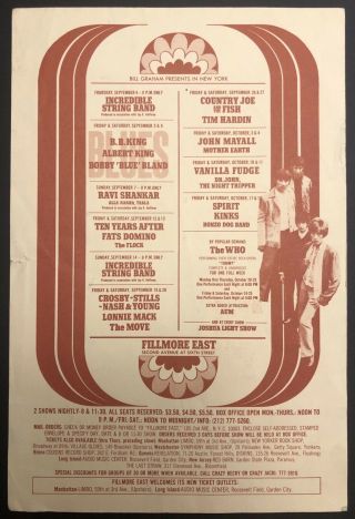 Fillmore East Handbill Csny The Who Mayall Bb King Kinks Spirit 1969