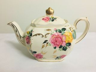 Sadler Cube Pink And Yellow Cabbage Rose Teapot Very Rare England Bone China