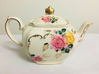 Sadler Cube Pink and Yellow Cabbage Rose Teapot Very Rare England Bone China 2