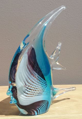 8 " Hand Blown Art Glass Angel Fish Figurine Sculpture Blue Black Clear