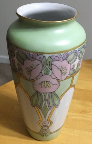 Vintage Fraunfelter Pottery Vase Pink Flowers Gold Trim Hand Paint Signed Dated