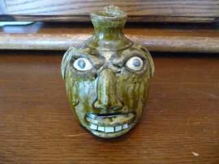 Great Walter Fleming Folk Art Pottery Ash Glaze Mini Face Jug Catawba Valley