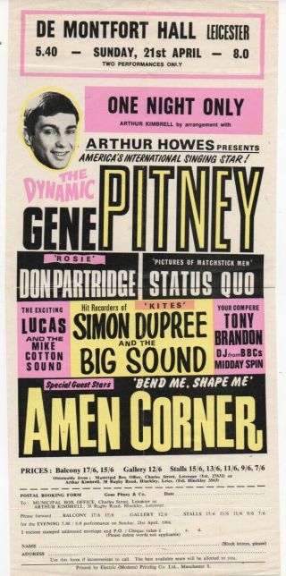 Status Quo,  Gene Pitney,  Amen Corner,  Simon Dupree Concert Flyer 1968