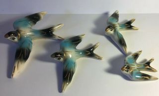 Set Of 4 Vintage Ceramic Blue Birds Swallows Wall Mount Decor Gold Black Blue