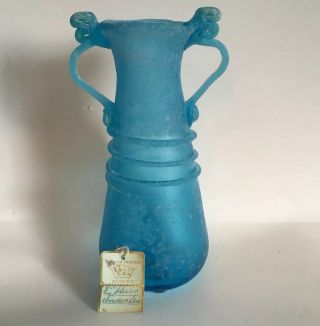 Vintage Etruscan Revival Hand Blown Art Glass Vase 8” Blue Textured Frosted