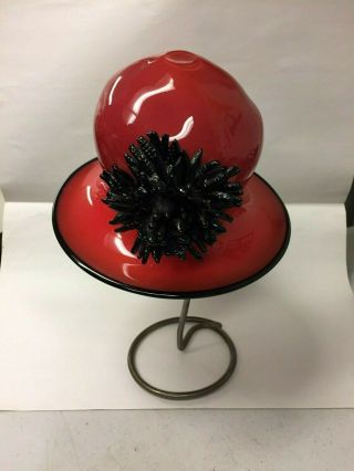 Brian Brenno Signed Art Glass Red Hat With Black Flower And Stand,  Vintage 1996