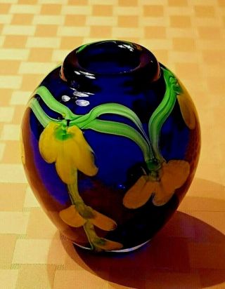 Cobalt Blue Art Glass Vase With Stunning Yellow Floral Motif