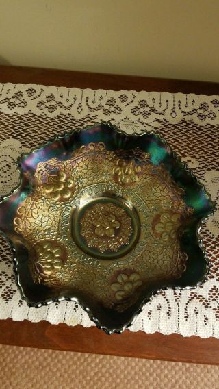 Gorgeous Antique Fenton Blue 10 " Cherry Chain Carnival Glass Bowl