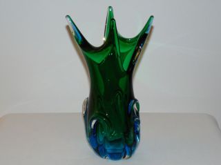 Vintage 11 " Mid Century Italian Murano Art Glass Vase Blue Green