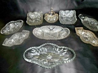 9 Pc Cut Glass Crystal Relish Celery Bowl & Shaped Dish Tray Some Abp? Estate