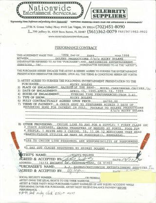 Micky Dolenz The Monkees 1998 Signed Contract Royal Carribbean Cruises