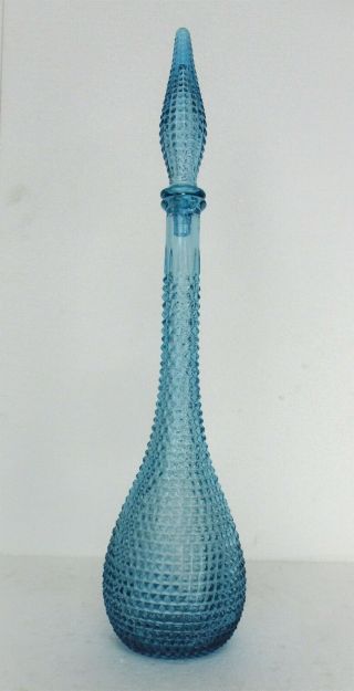 Vintage Mcm Italian Empoli Glass Genie Bottle Baby Azur Blue Diamonds Hobnail