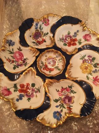 Vintage Oyster Plate Blue Floral And Gold Trimmed