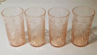 Set 4 Sharon Cabbage Rose Pink Depression Glass Flat Tumblers 5 1/4 " Tall 12 Oz