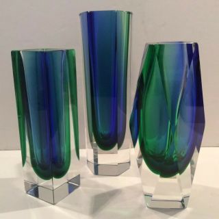 3 Set Mid Century Italian Murano Glass Faceted Mandruzzato Or Poli Sommerso Vase
