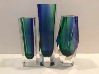 3 Set Mid Century Italian Murano Glass Faceted Mandruzzato or Poli Sommerso Vase 3