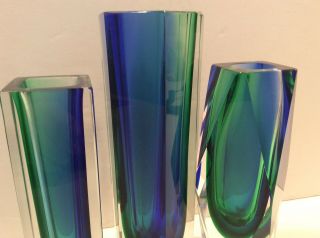 3 Set Mid Century Italian Murano Glass Faceted Mandruzzato or Poli Sommerso Vase 4