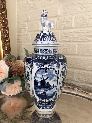 Boch Lidded Ginger Jar/urn/vase Delft Blue White For Royal Sphinx 1950