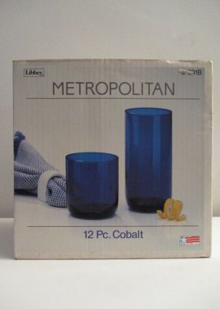Vintage Libbey - Metropolitan - Cobalt Blue 12 Piece Bar Glasses Set Nos Usa