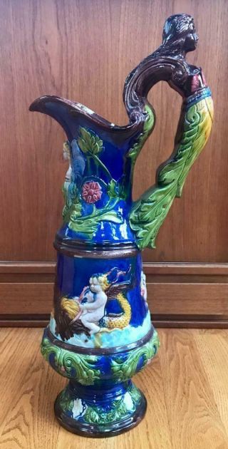 Vintage Italian Majolica Vase Urn Cherubs Putti 24 " Tall Blue