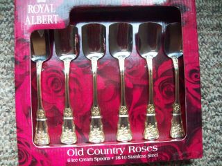 Set Of 6 Royal Albert Old Country Roses Stainless W/ Gold Ice Cream Spoons Rare