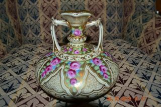 Nippon Hand Painted Pink Rose Gold Moriage Squat Form Vase W/handles Circa 1900