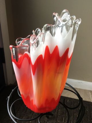 Hand Blown Studio Art Glass Vase Red Orange White Handkerchief Ruffled/fluted To